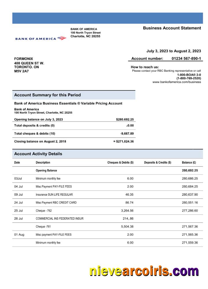 Bank of America business account statement